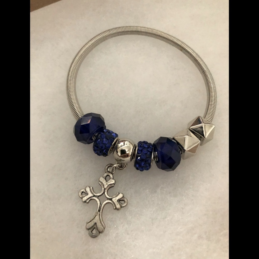 (3 for $12) Blue Bead Silver Cross Bracelet